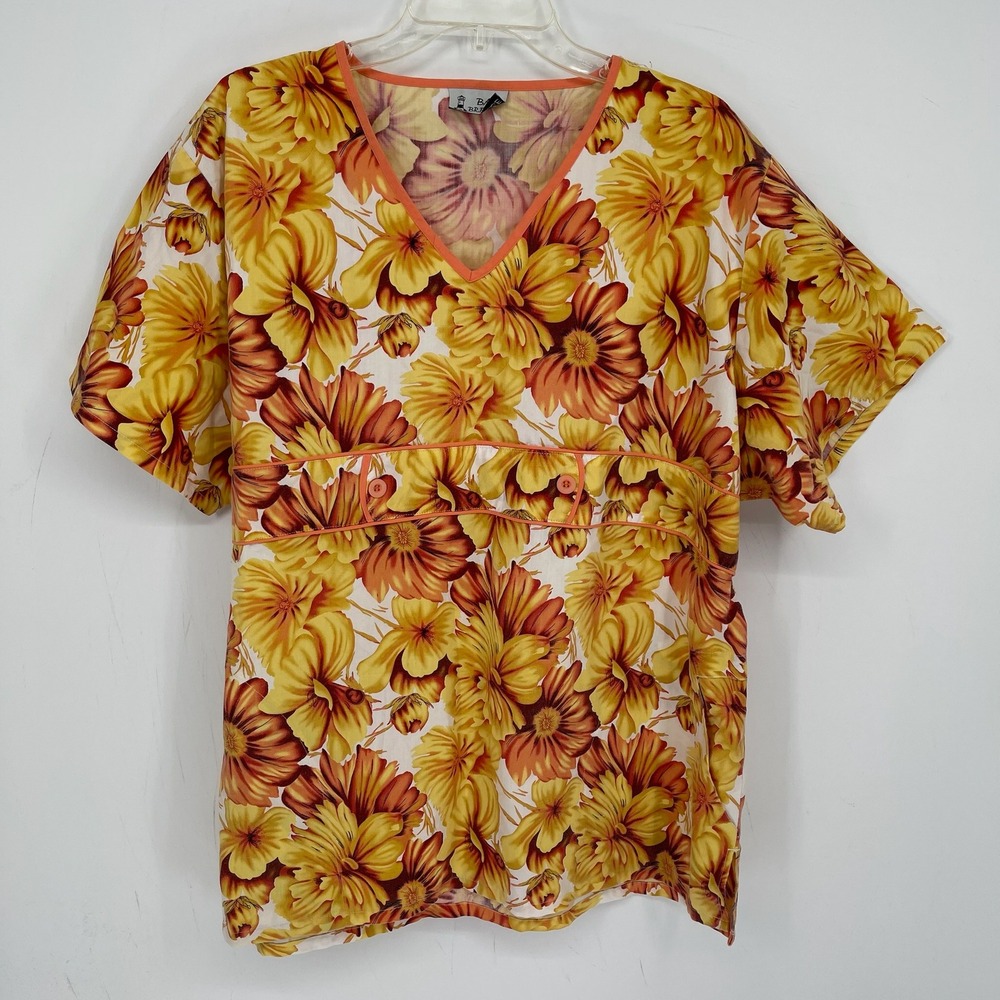 Bay Breeze Women's Yellow Floral Short Sleeve V-Neck Scrub Top Size 2X